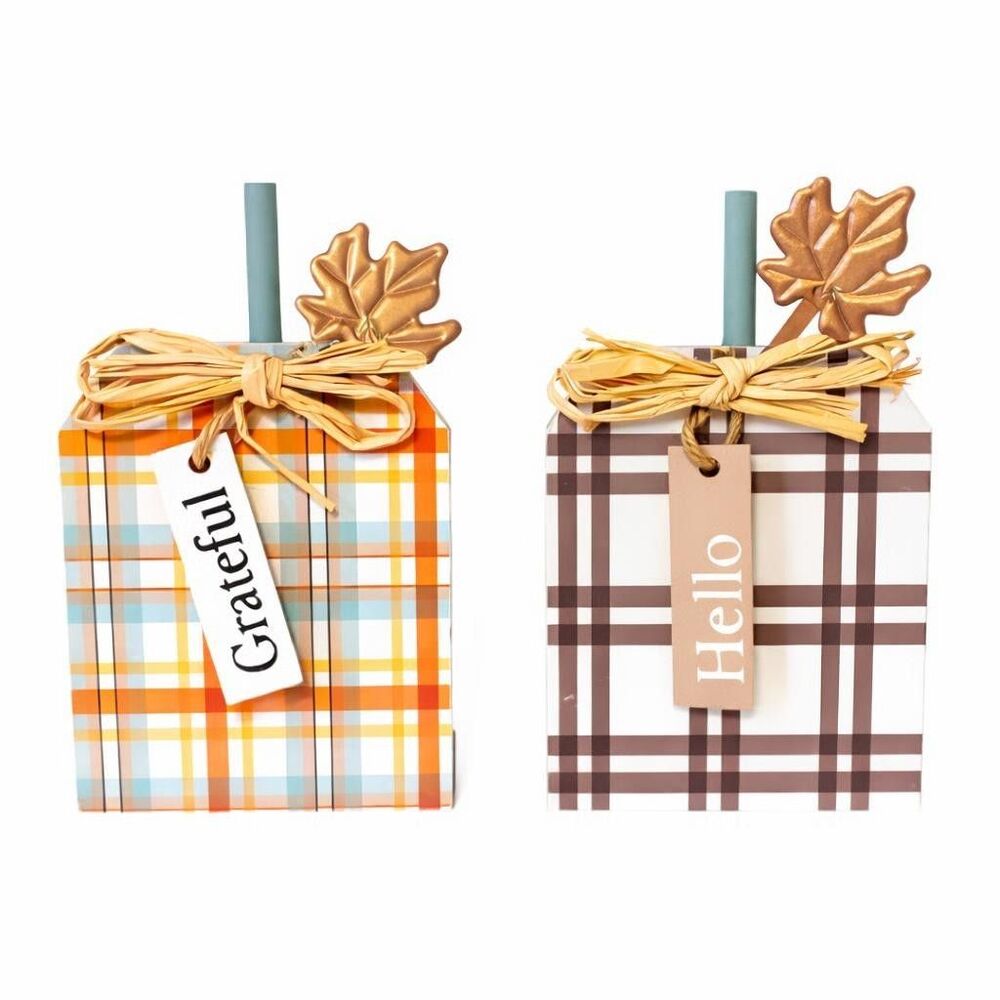 Grateful Hello Wooden Plaid Pumpkin Thanksgiving Holiday Fall Tabletop Decor NEW